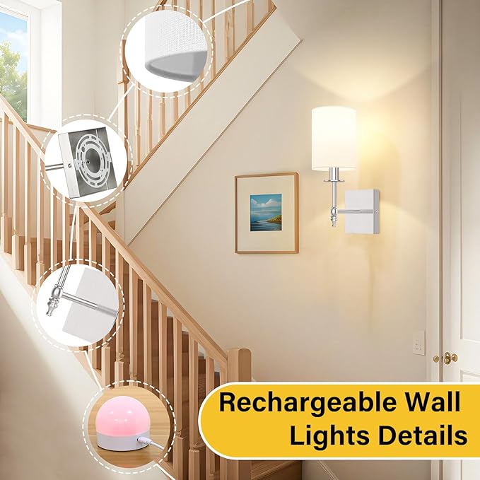 14.5 Inch Battery Operated Wall Sconces Set of 2 with Remote, Brushed Nickel Rechargeable Wireless Wall Lights with White Fabric Shade, Cordless Wall Lamps with Dimmable Detachable Bulbs for Bedroom
