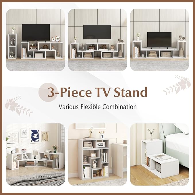 Giantex Free-Combination TV Stand for Bedroom - Entertainment Center for 50 55 60 65 Inch TV, 3-Piece Media Console Table with Storage Cubes, Deformable Open Storage Bookcase Shelf (White)