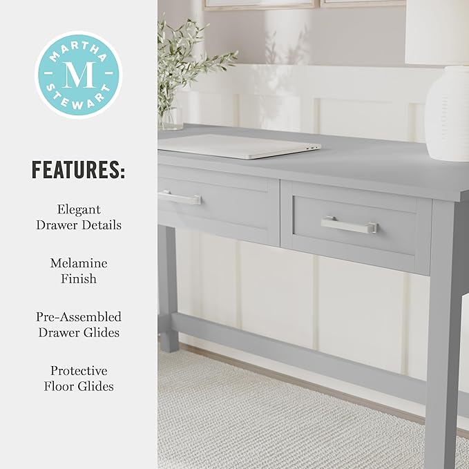 Martha Stewart Hutton Shaker Style Home Office Desk with 3 Drawers in Gray with Brushed Nickel Hardware