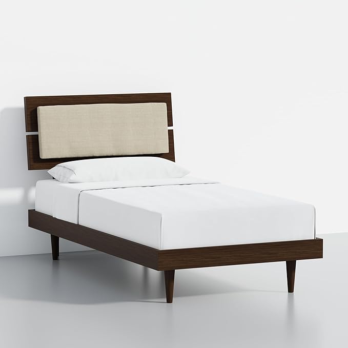 HavenWood Modern Solid Wood Platform Bed with Adjustable Headboard with Cushion – No Box Spring Needed,Fast Assembly – Twin Size in Walnut