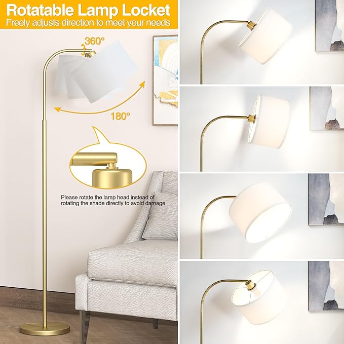 Arc Floor Lamps for Living Room with 3 Color Temperatures, Modern Floor Lamp Reading Light with 9W Bulb Included, Standing Lamp with Adjustable White Hanging ‎Lampshade for Bedroom Office(Gold)