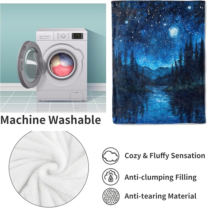 Starry Night Forest Flannel Blanket, Starry Night Gifts, Nature-Themed Blanket for Women, Soft Lightweight Throw Blankets for Bed Home Travel Decor 50" x 60"