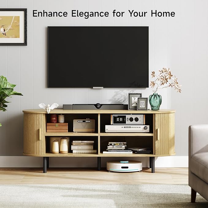55" TV Stand with Power Outlet for TVs up to 60 Inch, Entertainment Center with Storage and Adjustable Shelves, Modern Media Console with Sliding Doors for Living Room, Oak