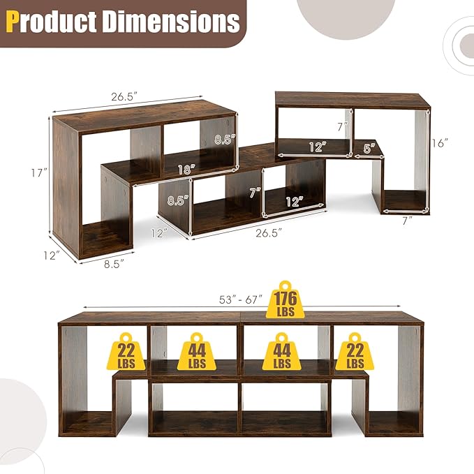 KOTEK TV Stand for 50 55 60 65 Inch TV, 3 Pieces Free Combination Bookshelf Organizer, TV Console Table with Open Storage Shelves, Modern Entertainment Center for Living Room, Bedroom