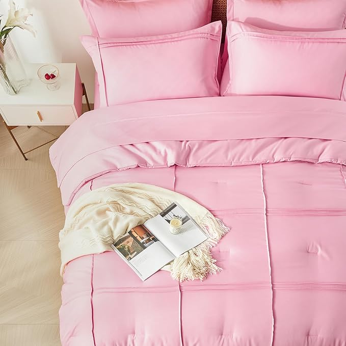 Yogeneg Pink Comforter Set Twin Size 5 Piece Bed in a Bag,Grid Pinch Pleat Twin Bedding Set,Striped Textured Soft Microfiber Comforter with Sheet Set,All Season Complete Bed Set(Pink,Twin)
