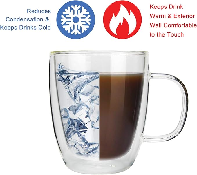 Glass Coffee Mug, Double Wall Insulated Glass Cup 12 Oz Heat-resistant Clear Coffee Mug for Tea Coffee Latte Espresso Cappuccino and Beverage, Set of 1 (Round)