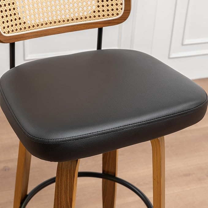 Swivel Counter Height Stools - 26 inch Counter Stools Set of 3 with Curved Rattan Back, Walnut Craftsmanship, Upholstered Seat, Counter Height Bar Stool for Island/Pub/Kitchen (26" Seat Height, Black)