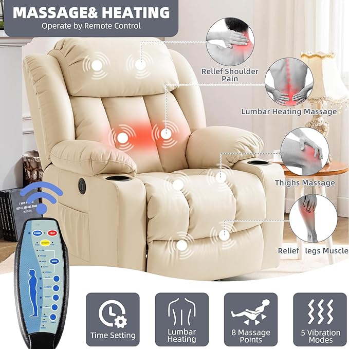 Power Lift Recliner Chair for Elderly, Electric Recliner Chairs for Adults with Massage and Heat, Cup Holders, Remote Control, USB Ports, Side Pockets, Leather (Beige)