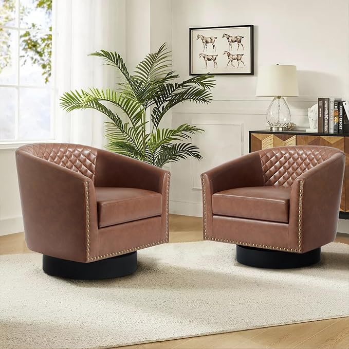 Swivel Barrel Accent Chair, Comfy Modern Upholstered Round Faux Leather Arm Chair for Living Room, Bedroom（Brown, Set of 1