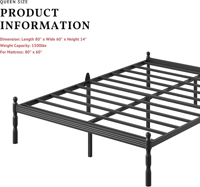 ZIYOO 14 inch Metal Queen Bed Frame with Vintage Style, Mattress Slide Stopper, 1500LBS Heavy Duty Steel Slats, No Box Spring Needed, Platform Noise-Free, Easy Assembly