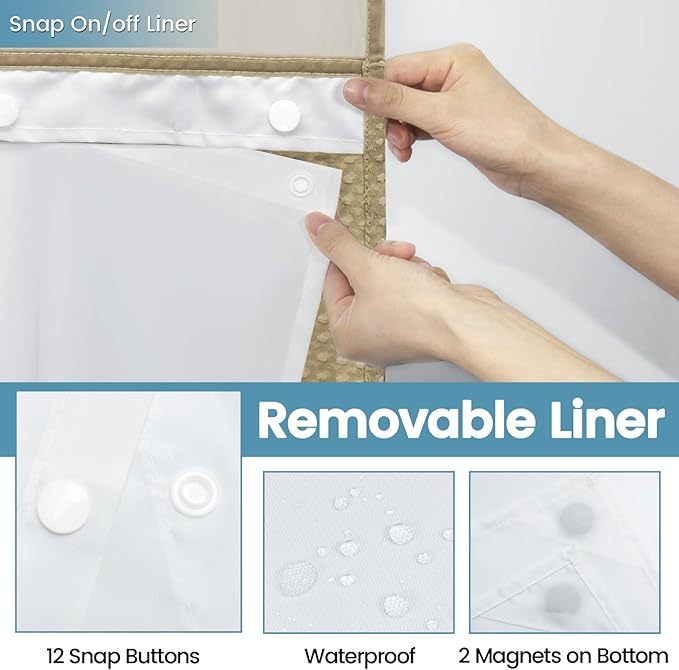 Beige No Hook Shower Curtain with Snap in Liner,230GSM Waffle Weave Shower Curtains for Bathroom,71W x 74H