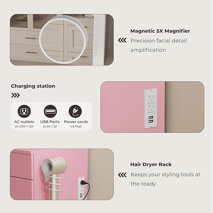 39" Vanity Desk with Mirror and Lights, 5 Drawers Makeup Vanity Desk with Tempered Glass top, 3 Lighting Modes Adjustable Brightness, Pink Vanity with Magnetic 5X Magnifier for Bedroom