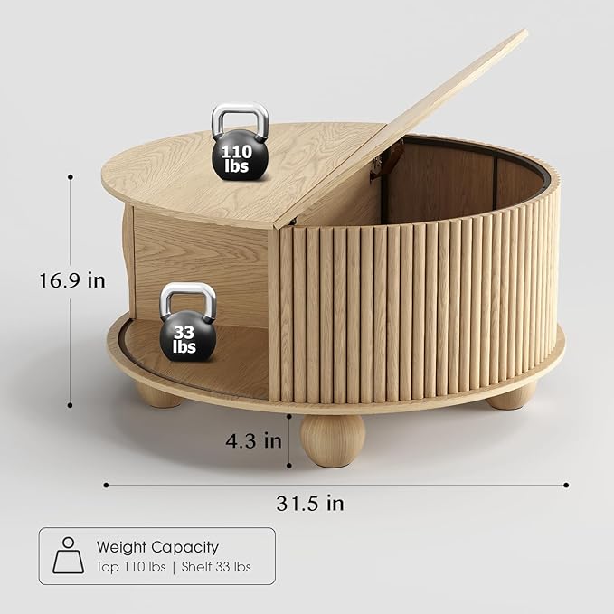 Round Coffee Table with Storage, 31.5" Mid-Century Modern Center Table with Sliding Door, Fluted Lift Up Coffee Table with Bun Feet, Wood Coffee Tables for Living Room, Home Small Space, Oak