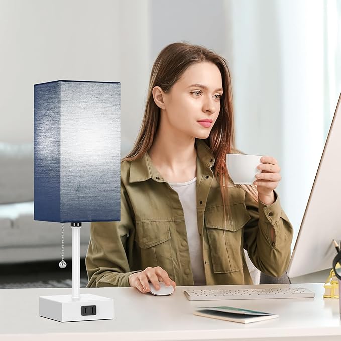 Table Lamp for Bedroom set of 2,3-Color Bedside Lamps with Pull Chain Table Lamps for Nightstand with AC Outlets,Small Night Light Lamps with 2 Bulbs Lamps for Living Room Kids Room Office Decor（Blue）