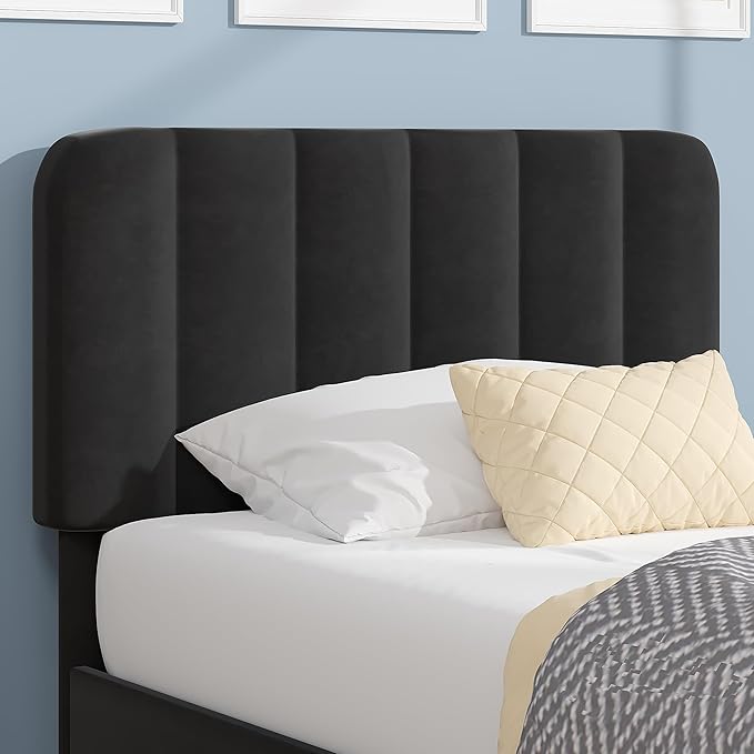 VECELO Twin Size Bed Frame with Upholstered Headboard, Velvet Platform Bedframe Mattress Foundation, Strong Wood Slat Support, No Box Spring Needed,Black