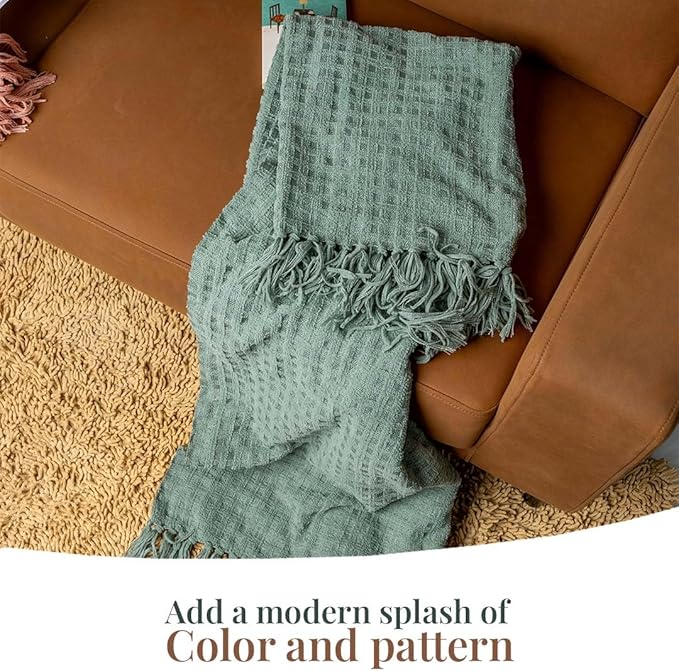 Folkulture Throw Blanket | (60 x 50) Chunky Knit Blanket for Bed, Couch | Boho Chenille White Thick Knitted Throw Blanket | Ultra Soft, Plush, Lightweight, Machine Wash and Giftable (Sage Dream)