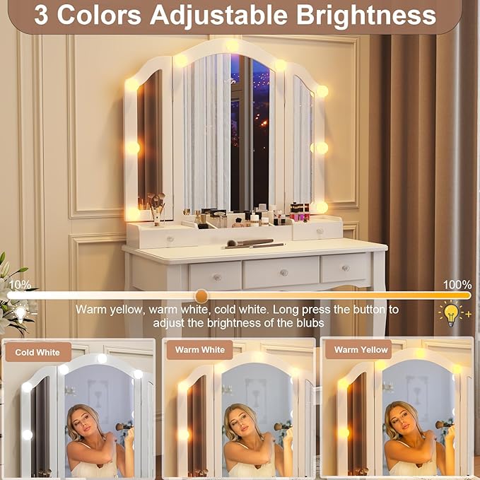 Vanity Desk with Mirror and Lights, Kids Vanity with Lights,5 Drawers and Cabinets White Vanity with Lighted Mirror Vanity Desk and Chair for Bedroom