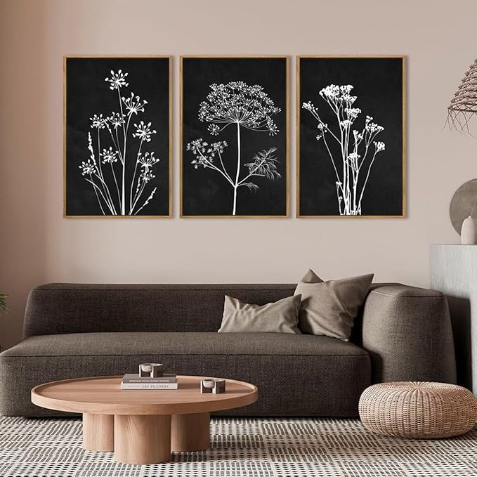BINCUE Extra Large Framed Black and White Wall Art Floral Wall Decor Botanical Paintings for Living Room Bedroom Bathroom 24x36 Inch 3 Piece