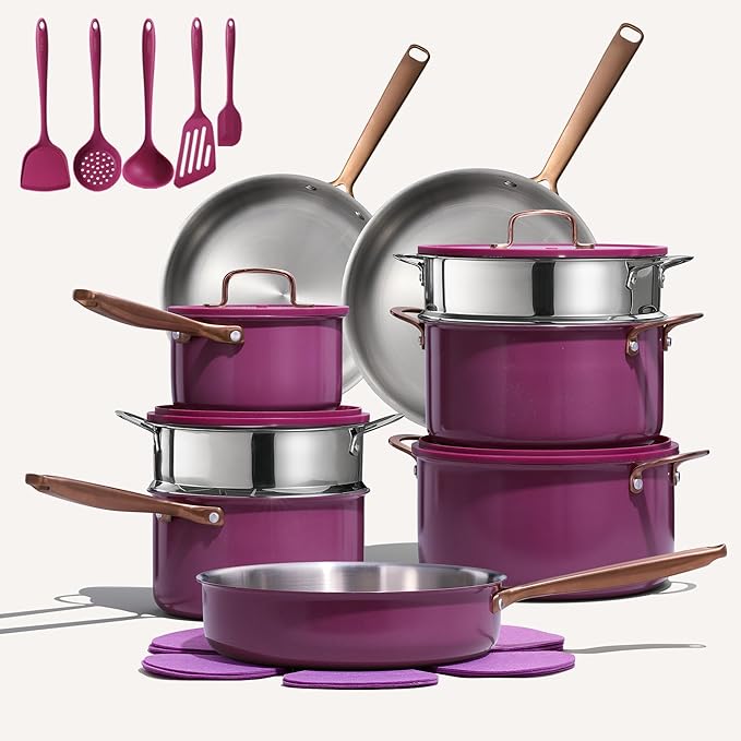 CAROTE 24pcs Tri-Ply Stainless Steel Cookware Set, Pots and Pans Set, Non Stick Induction Kitchen Cooking Sets, Nonstick Cookware Collection, Outer Ceramic Layer, Violet Purple
