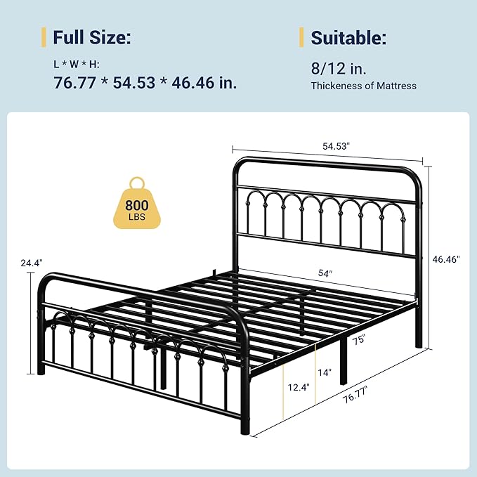 Allewie 14 Inches Full Size Metal Platform Bed Frame with Victorian Style Curved Iron-Art Headboard/Footboard, Metal Slats Support, Easy Assembly, Under Bed Storage, No Box Spring Required, Black