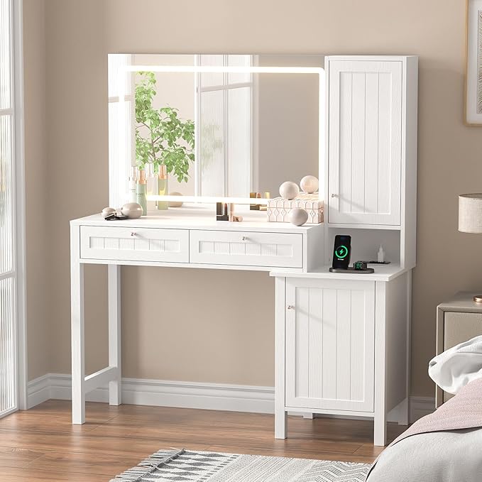 Anmytek Makeup Vanity Desk with Mirror and Lights, Dressing Table with 2 Large Drawer & 2 Storage Cabinet,Vanity Desk with Power Strip, 36" Mirror with 3 Lighting Modes, Suitable for Bedroom, White