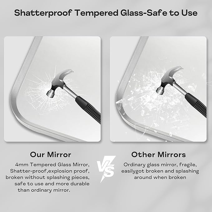 Silver Framed Bathroom Mirror, Brushed Nickel Large Rounded Corner Rectangle Wall Mirror, Tempered Glass, Shatter Proof, Anti-Rust, Hangs Horizontally or Vertically (28" x 36", Silver)