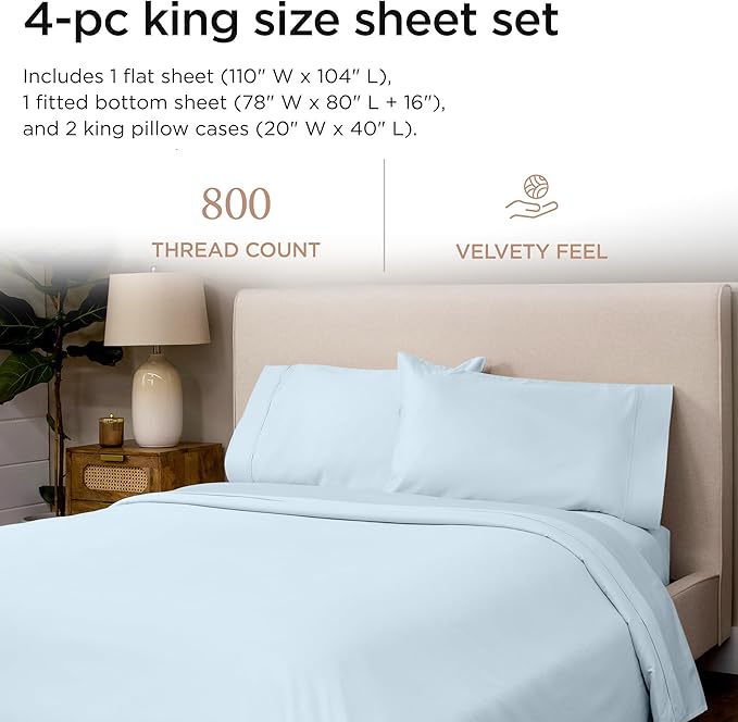 Threadmill Luxury 800 Thread Count King 100% Cotton Sheets - Light Blue Sateen Weave Bed-Sheets, Better Than Egyptian Cotton,4 Pc Solid Soft Bedding Set, Fits 16" Deep Pocket