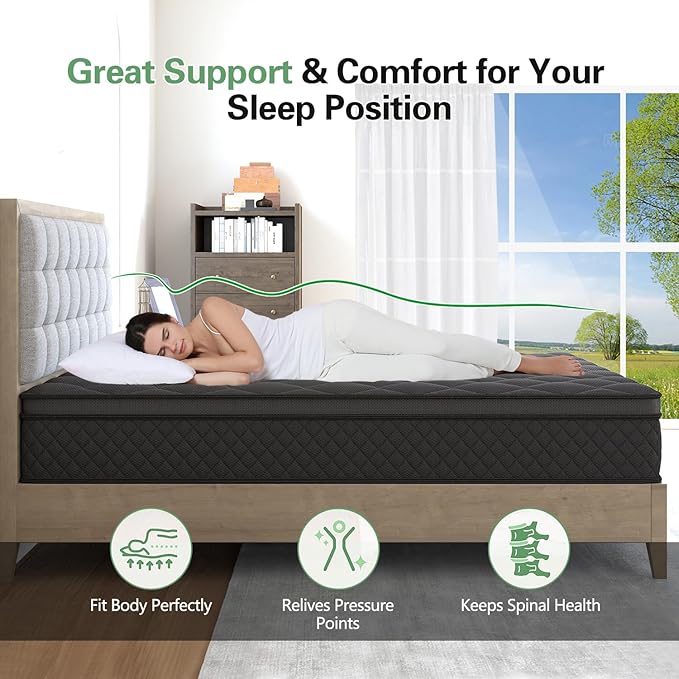 Queen Mattress, 12 Inch Hybrid Mattresses Black, Euro Top Medium Firm for Back & Lumbar Support, 100 Night Trial, Individual Pocket Spring for Motion Isolation & Pressure Relief