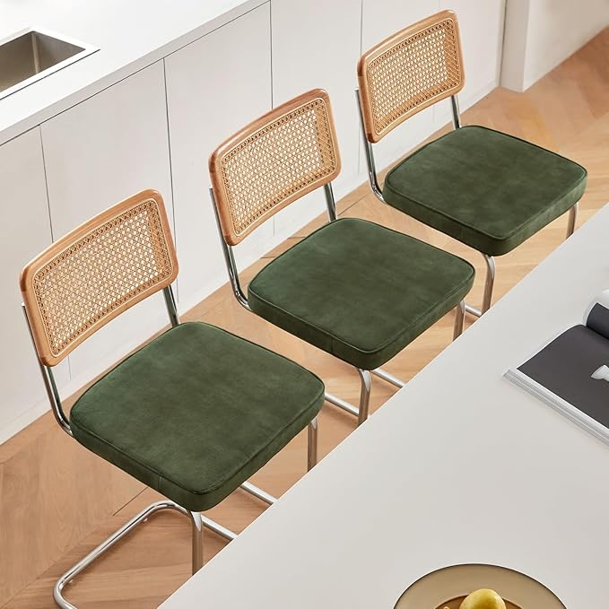 Natural Rattan Bar Stools Set of 3 with Solid Wood Back, 29 Inch Mid Century Modern Counter Height Stools, Green Upholstery Boho Stool for Kitchen Counter with Chrome Metal Legs