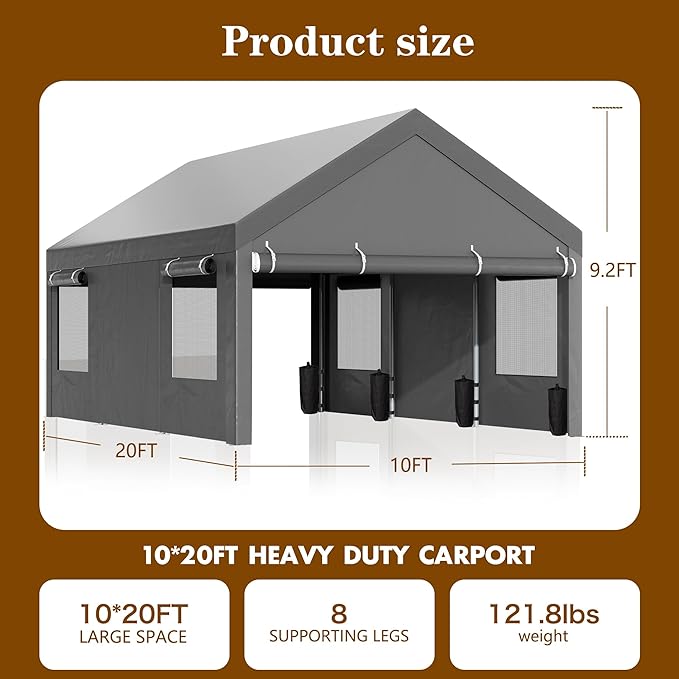 Walsunny Carport, 10x20 ft Heavy Duty Carport Canopy with Roll-up Windows, Portable Garage with Removable Sidewalls & Doors, Car Canopy with All-Season Tarp for Car, Truck, Boat