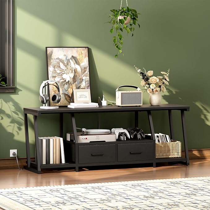LED TV Stand with Fabric Drawers for 65 Inch TV, Entertainment Center with Power Outlets and Open Storage Shelves, Industrial Media TV Console Table for Living Room, Bedroom, Black