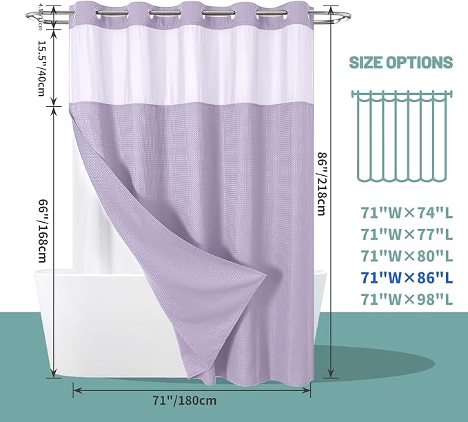 Lavender Extra Long No Hook Waffle Weave Shower Curtain with snap-in Liner Replacement, 230GSM Waterproof Fabric Hotel Shower Curtain Set for Bathroom, Through Mesh Top Window,71Wx86H