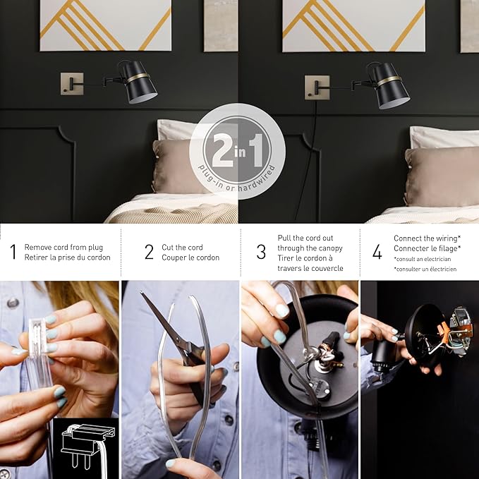 GLOBE Electric 51345 1-Light Plug-in or Hardwire Swing Arm Wall Sconce, Matte Black, Brass Accents, 6ft Black Woven Fabric Cord, Flat Plug, Rotary On/Off Switch, Wall Lighting, Bulb Not Included