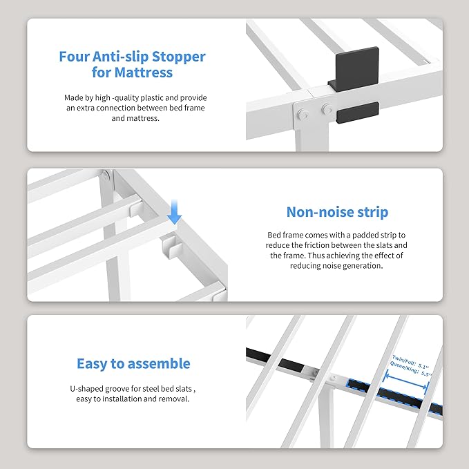 ROIL 14 Inch White King Bed Frame with Rounded Corner and Headboard Hole Mattress Retainers 3500LBS Heavy Duty Steel Slats No Box Spring Needed Platform Noise-Free Easy Assembly
