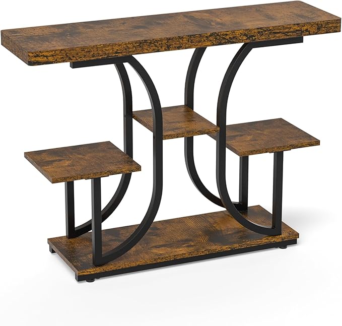 ikkle 42.5" Console Table, Industrial 4-Tier Sofa Table Entryway Table with Curved Base, Narrow Wood Accent Tables with Storage Shelves for Living Room, Hallway, Foyer, Rustic Brown