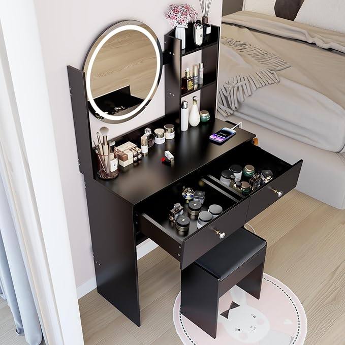 31.5" Small Vanity Desk with Round Mirror and Lights, Makeup Table with 2 AC+2 USB Power Station, Hair Dryer Bracket, Vanity Set with Drawers and Stool for Small Space Bedroom, Black