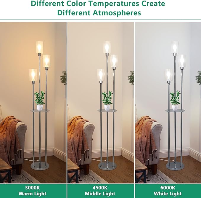 HMVPL Modern Floor Lamps for Living Room, Silver Floor Lamp for Bedroom with Acrylic Shelves, 3-Light Chrome Standing Lamp with Glass Shades, On/Off Foot Switch, Tall Lamp for Corner Office (66")