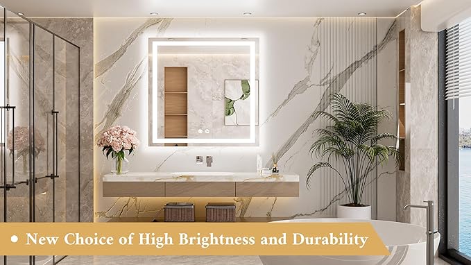 TETOTE 36 x 36 Inch LED Bathroom Mirror with Frontlit and Backlit, Brighter Light up Bathroom Vanity Mirror with Lights, 3-Color Dimmable Illuminated Anti Fog Mirror Wall Mounted, Waterproof