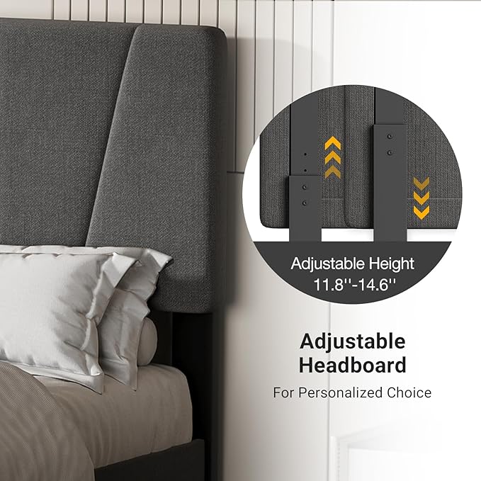 GarveeHome King Size Bed Frame with Adjustable Headboard and 4 Storage Drawers, Velvet Upholstered Tufted King Platform Bed Frames with Wooden Slats Support, King Bedframe No Box Spring Needed, Grey