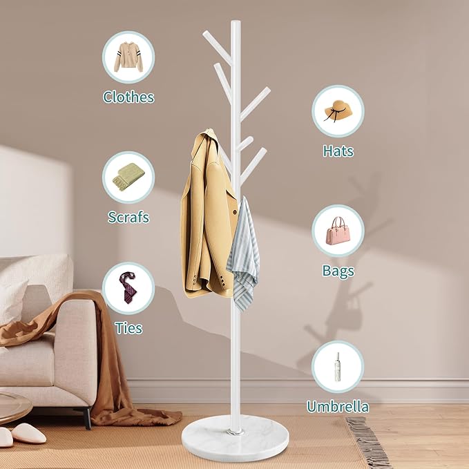 Coat Rack with Natural Marble Base, Metal Coat Racks Freestanding, Modern Coat Rack Stand with 8 Hooks, White Coat Tree Hats Hanger for Entryway, Hallway