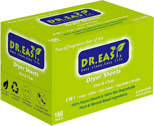 Dr.Easy Dryer Sheets Free & Clear Plant Based all ingredients for Sensitive Skin 160 Ct 100% Rayon Fabric Softener sheet unscented & no dyes Reduce Static & Wrinkles Soften Clothes Help Repel Pet Hair
