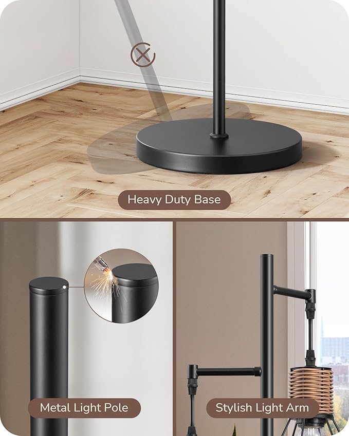 EDISHINE Dimmable Industrial Floor Lamp, Farmhouse Standing Lamp for Living Room, Diamond-Shaped Cage, Corner Rustic Rattan Reading Lamps for Bedroom, Office, Black