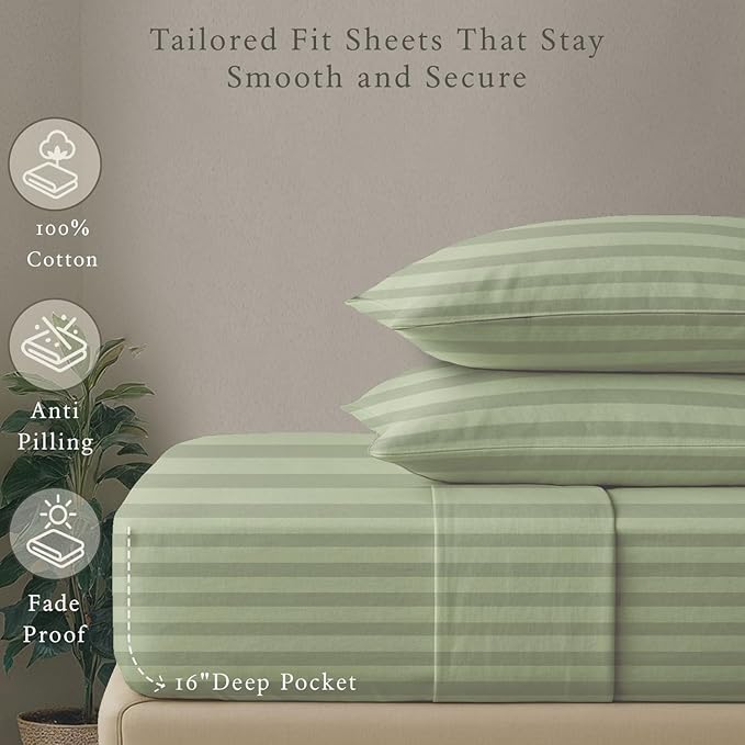 Threadmill 500 Thread Count Queen Size Damask Stripe, 4 Pc Luxury Cotton Bedding Set, Silky Smooth Sage Green Sheets with 16" Elasticized Deep Pocket, 2 Pillowcases & Free Tote Bag