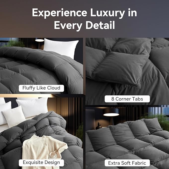 L LOVSOUL 75% Goose Down Fiber Comforter Super King Size, 850+ Fill Power Hotel Style Bedding Comforter, 1200TC, Fluffy Ultra Soft All Season Grey Duvet Insert with 8 Corner Tabs
