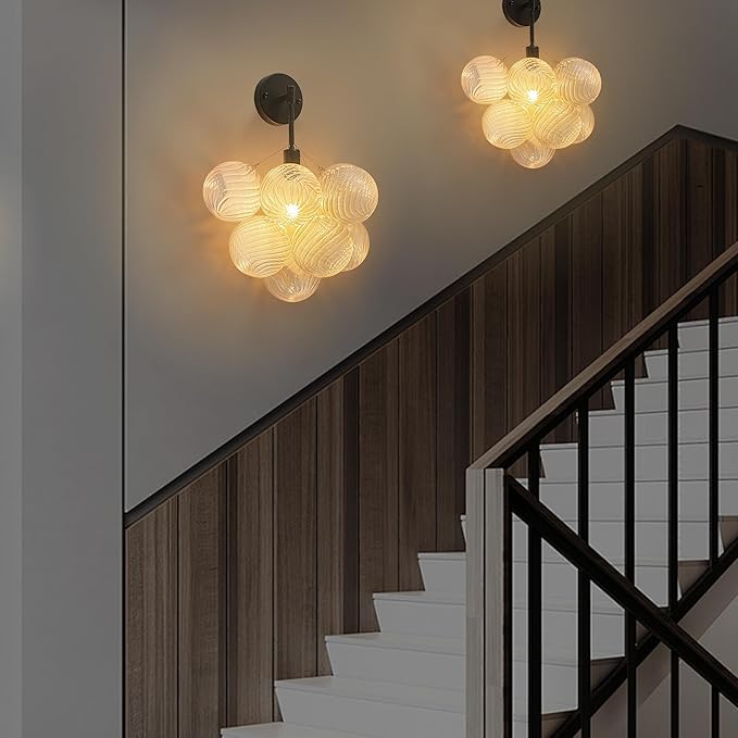Bubble Wall Sconce, Hand Blown Wall Lights 15“ Dia Balls Shade Glass Lighting Wall Sconces, Clear Glass Wall Mounted Light Fixture for Living Room, Dining Room, Corridor, Bedroom (Black)