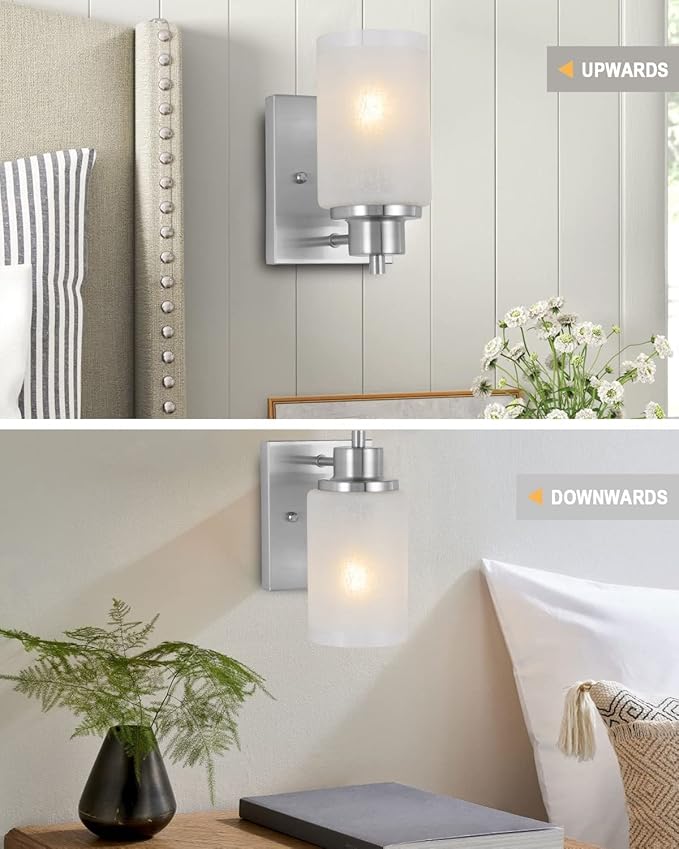 2 Pack Bath Vanity Light Fixture, Modern Indoor Wall Scone Lighting White Linen Frosted Glass Shades with Brush Nickle Finish Wall Lamp for Bathroom Kitchen Entryway Bedside