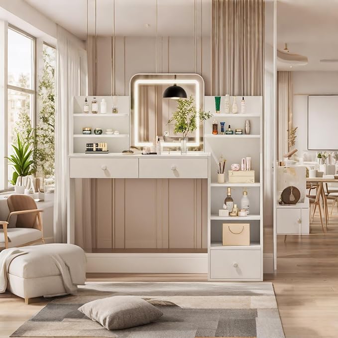 White Makeup Vanity Desk with Square LED Mirror & 6 Open Shelves - 3-Color Adjustable Lighting, 3 Drawers + Right-Side Sloped Design, Dressing Table for Bedroom, Women, Teens