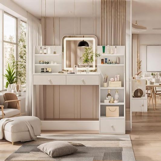 White Makeup Vanity Desk with Square LED Mirror & 6 Open Shelves - 3-Color Adjustable Lighting, 3 Drawers + Right-Side Sloped Design, Dressing Table for Bedroom, Women, Teens