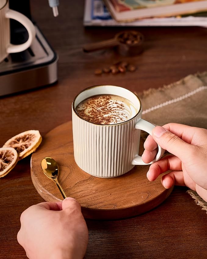 famiware Coffee Mug Set for 4, Star 12 oz Catering Mugs Cup Set with Handle for Coffee, Tea, Cocoa, Milk - Ceramic Stoneware Drinkware Set, White