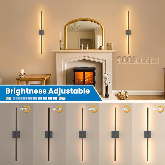 NIORSUN 35 Inch Battery Operated Wall Sconce Set of 2, 360° Rotation Black Rechargeable Wall Lights with Detachable Tube and Remote, 3CCT Dimmable Wireless Wall Lamp for Living Room Bedroom Hallway